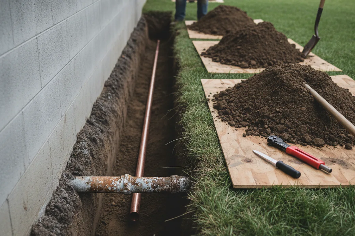 Excavated water line trench during Water Softener Installation in Livingston